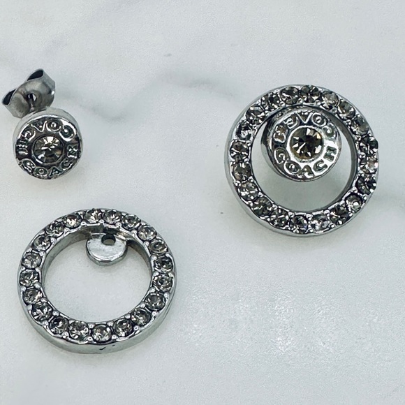 COACH Silver and Crystal Stud Earrings Open Circle Convertible Stud Signed Logo - Picture 5 of 8